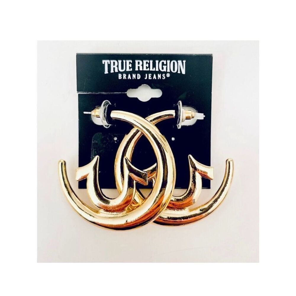 NWT Gorgeous TRUE RELIGION Horseshoe Half Hoop Gold Tone Polished Hoops Earrings